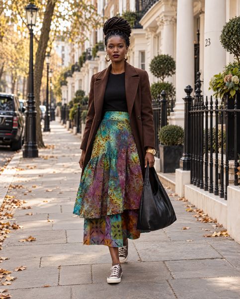 Azichi tiered skirt in a hand dyed fabric in a multicoloured palette.