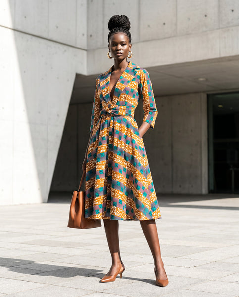 Kayla 50’s shirt style dress in a contemporary geometric African print.