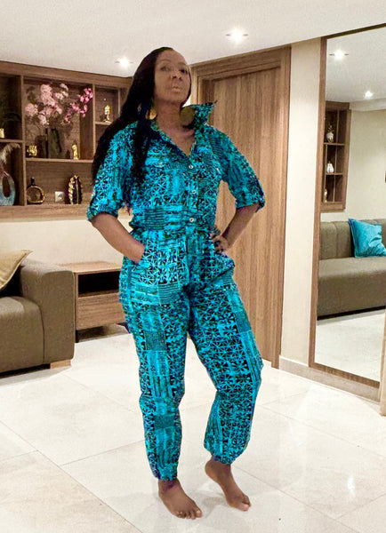 Razi collared  jumpsuit in a vibrant contemporary African