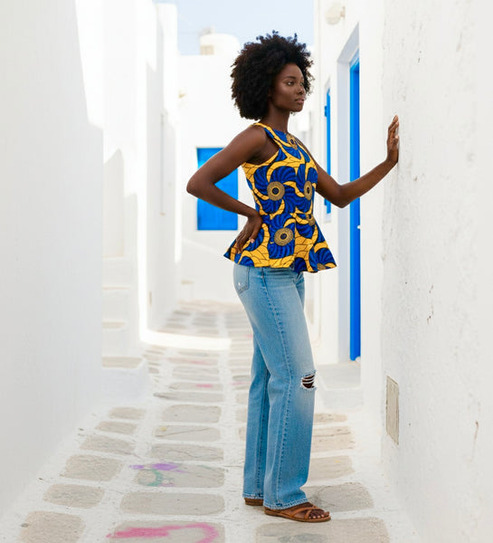 WUNAM Peplum top in mustard and blue
