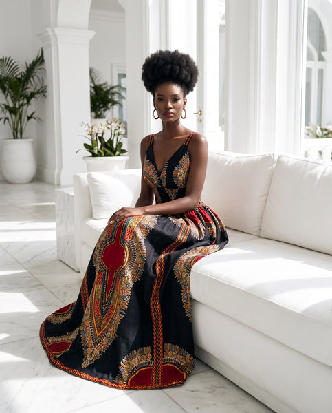 Black dashiki sleeveless maxi dress with double straps.