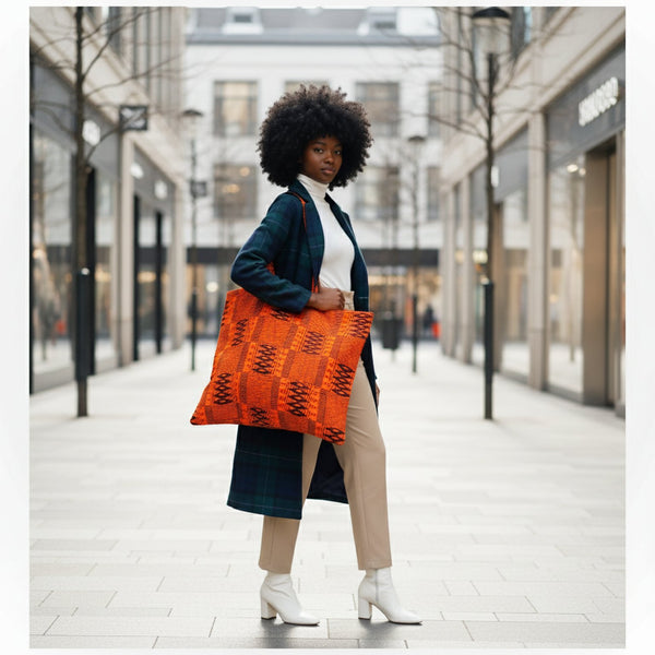 Oversized padded Tote bag in A vibrant kente print.