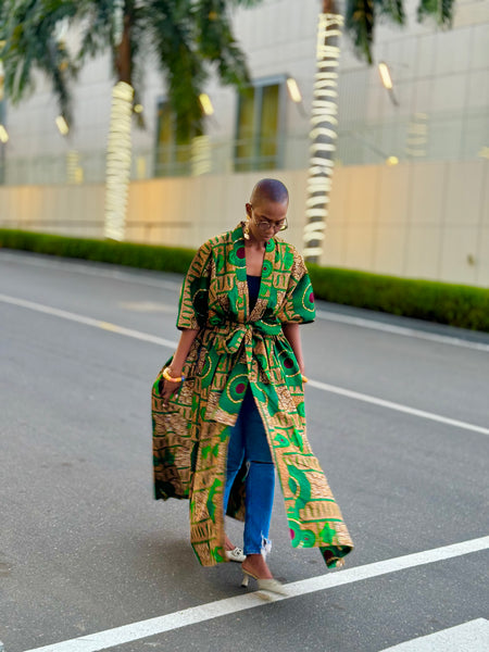 Rohe freesize kimono in a green floral vintage African print.