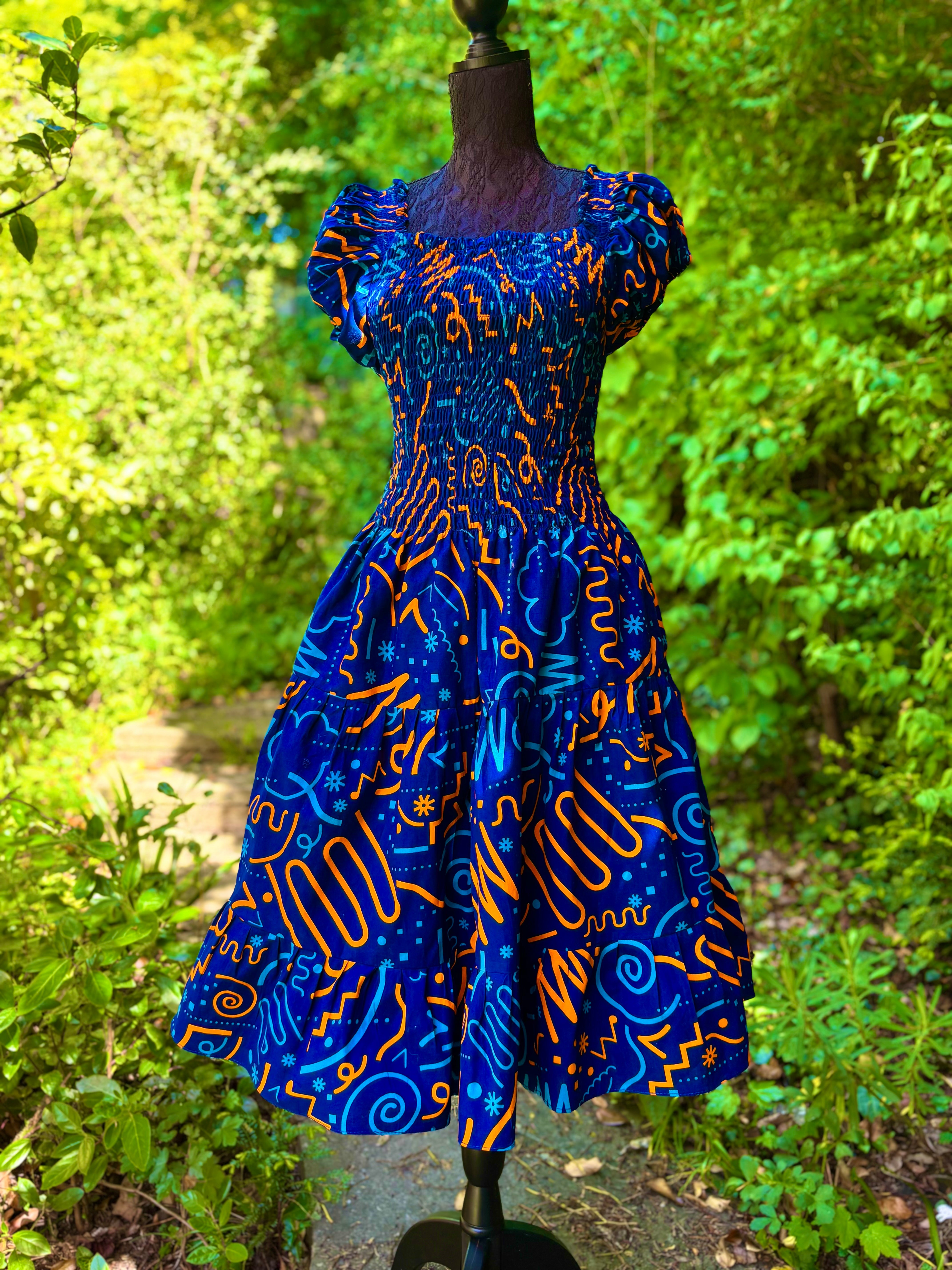 Smocked Ankara dress in blue.