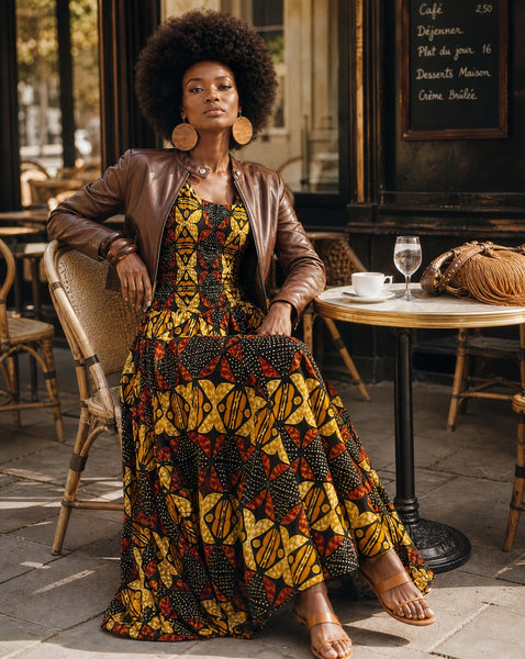 Fit and flare maxi dress in a vibrant contemporary African print.