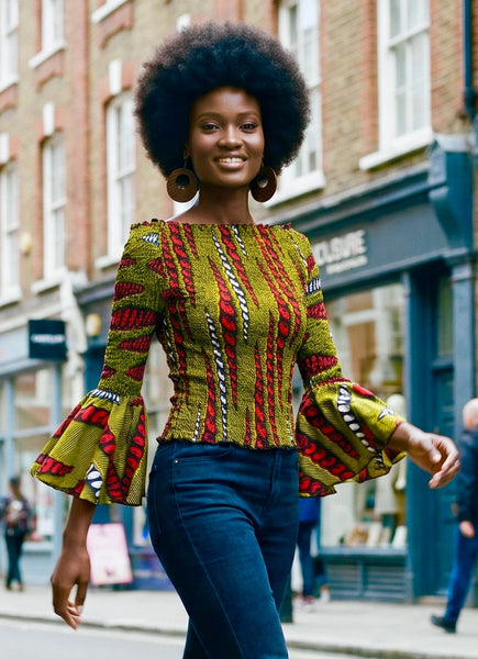 African print statement bell sleeves top.