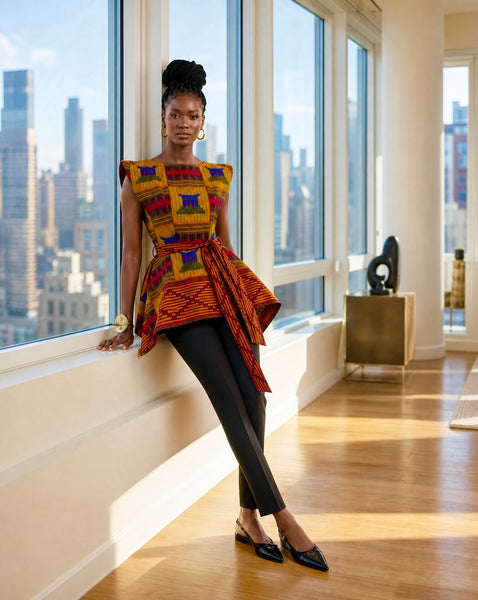 Zena Handkerchief hem peplum top in a vibrant contemporary kente print.