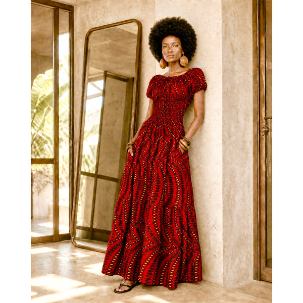 Afro Bohemian peasant inspired African print maxi dress.