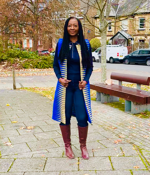 Nura longline waistcoat in A geometric African print.