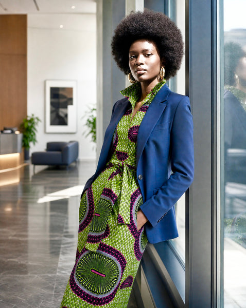 Nona collared shirt dress in a bold contemporary African print.