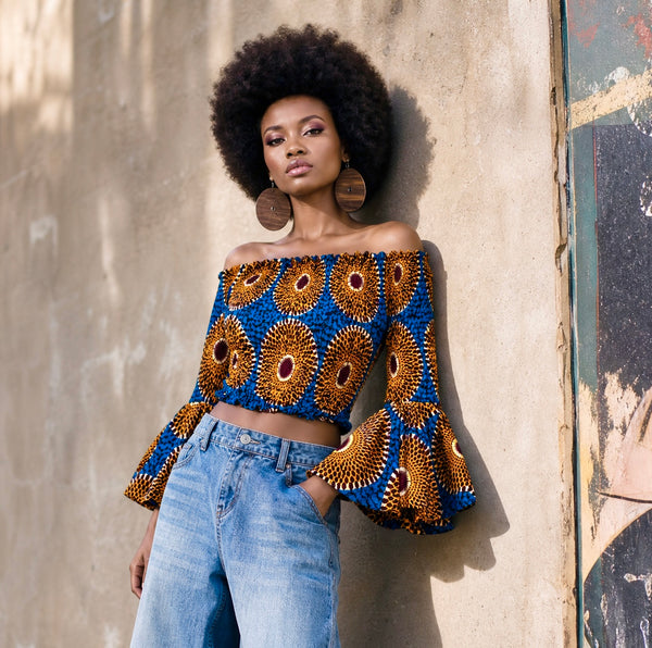 African print statement bell sleeves top in a vintage print.