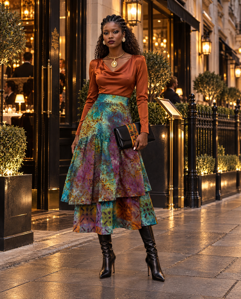Azichi tiered skirt in a hand dyed fabric in a multicoloured palette.