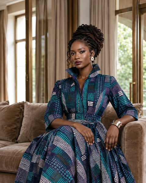 Tahama belted maxi shirt dress in a geometric print.