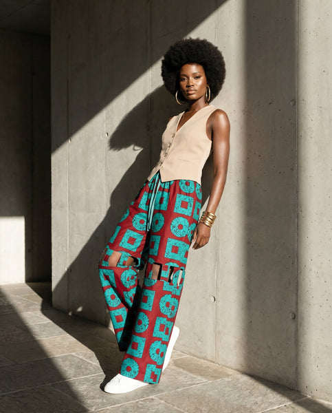 African print statement pants in a geometric print with cut outs.