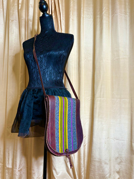 Authentic Ghanaian Leather bag with handwoven fugu fabric