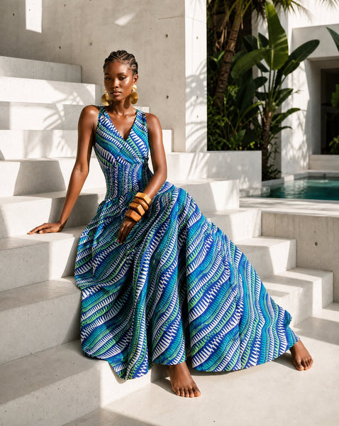 Wuni sleeveless maxi dress in a contemporary African print.