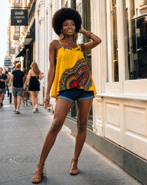 Yello Dashiki asymmetrical loose top.