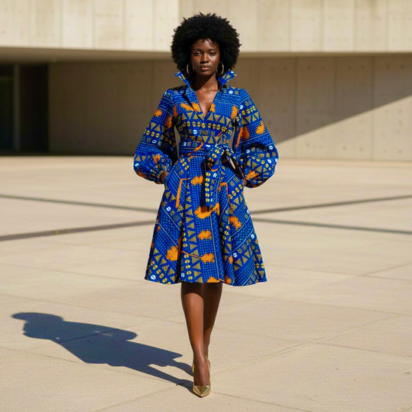 Zanda dress with statement sleeves in blue.
