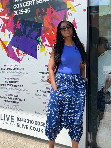 Harem pants in a geometric blue and white African print.