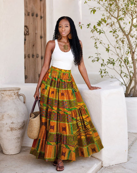 Afro Bohemian tiered maxi skirt.