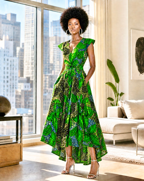 Wuntia dipped hem full belted dress with a deep V neck.
