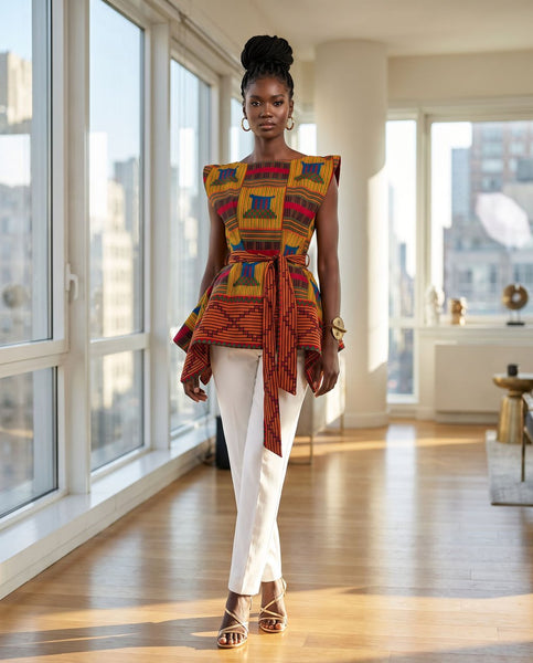 Zena Handkerchief hem peplum top in a vibrant contemporary kente print.