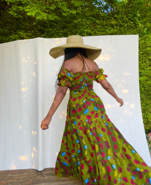 Tande Peasant bohemian maxi dress in green.