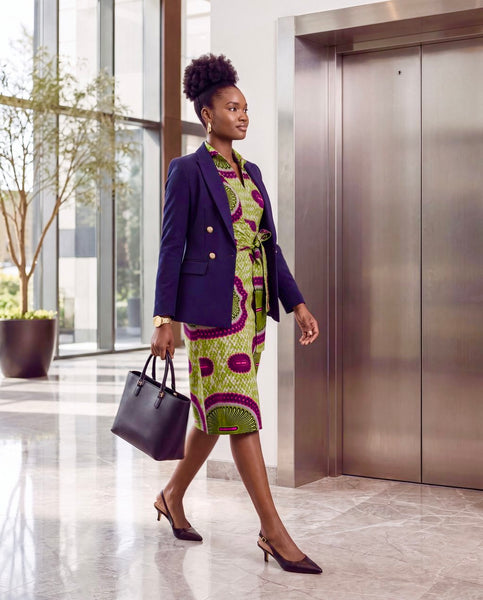 Nona collared shirt dress in a bold contemporary African print.