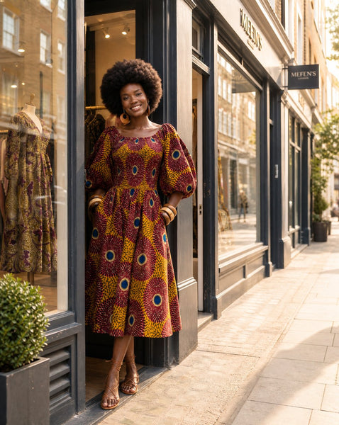 Puff sleeve statement dress in a vintage geometric African print.