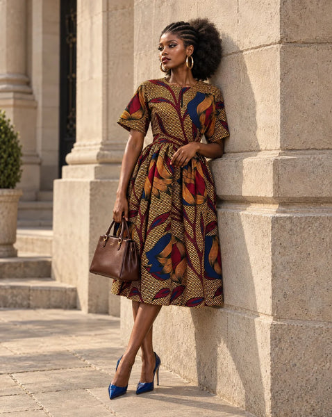 Bini full skirt dress in a leafy floral African print.