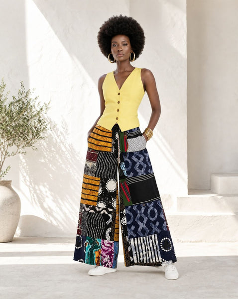 New. Ndini Wide leg one of a kind patchwork African print trousers.