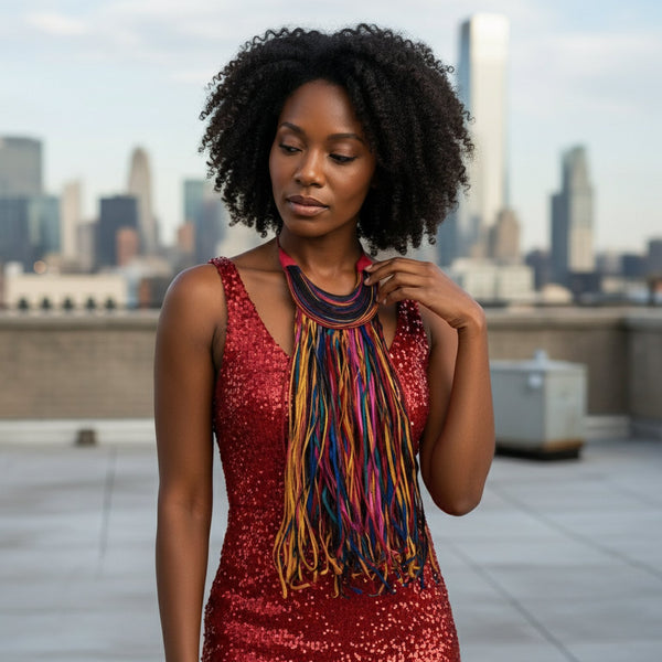 Multicoloured long fringe leather statement.