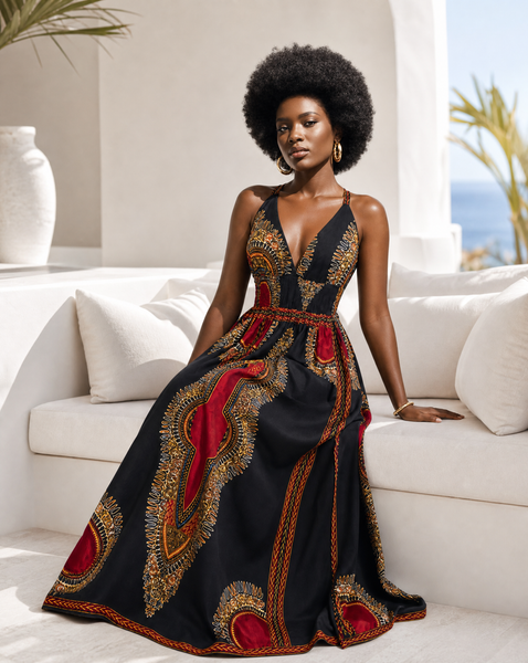 Black dashiki sleeveless maxi dress with double straps.