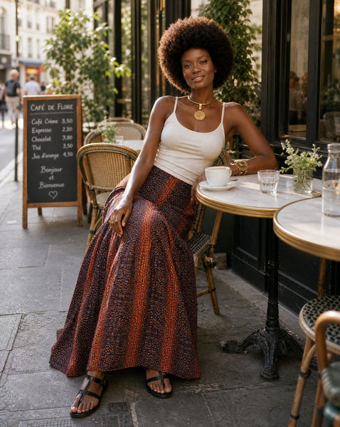 Fit and flare mermaid inspired maxi skirt in a vintage African print.