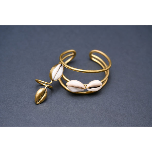 Anya brass and cowrie bracelet and ring set.