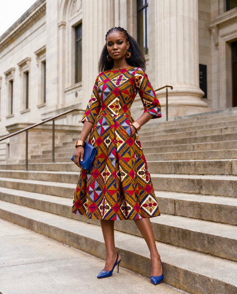 Rabi African print box pleat three quarter length sleeve dress.