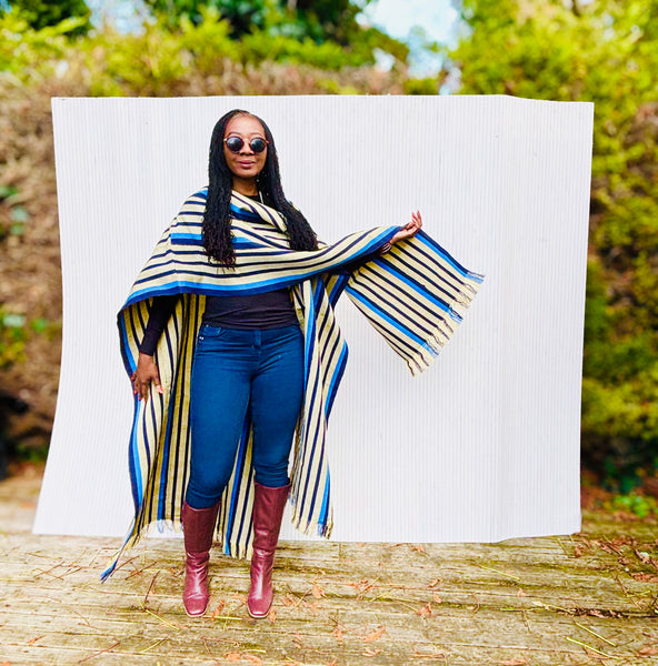 Yelawa handwoven unisex kimono in blue and beige stripes.