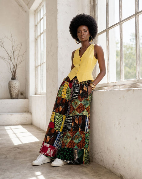 New. Ndini Wide leg one of a kind patchwork African print trousers.