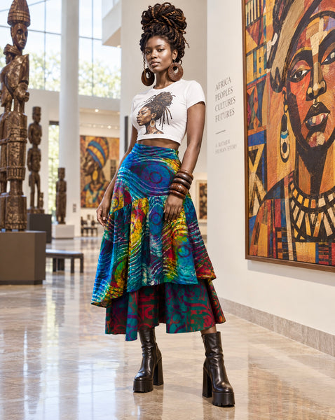 Azichi tiered skirt in a hand dyed fabric in a multicoloured palette.