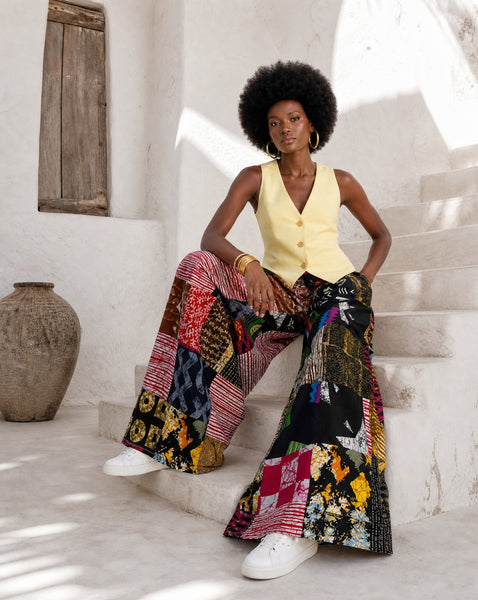 New. Ndini Wide leg one of a kind patchwork African print trousers.