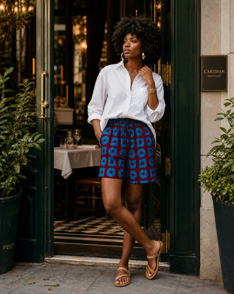 Wide leg shorts in a contemporary geometric African print in turquoise and wine.