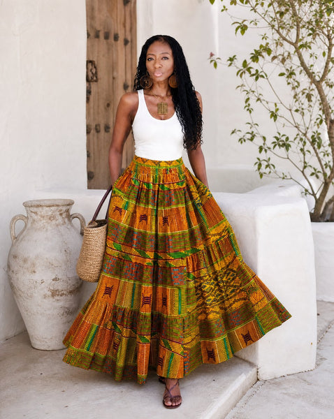 Afro Bohemian tiered maxi skirt.