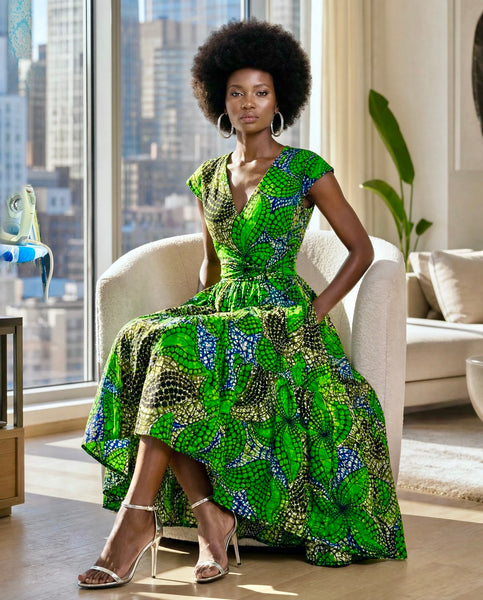 Wuntia dipped hem full belted dress with a deep V neck.