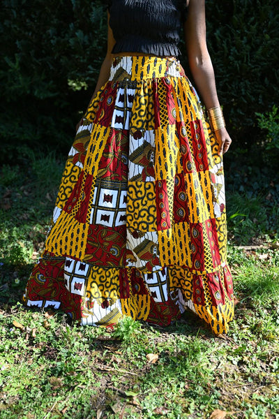 African print patchwork statement maxi skirt.