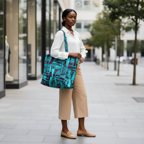Oversized padded Tote bag in vibrant turquoise contemporary African print.