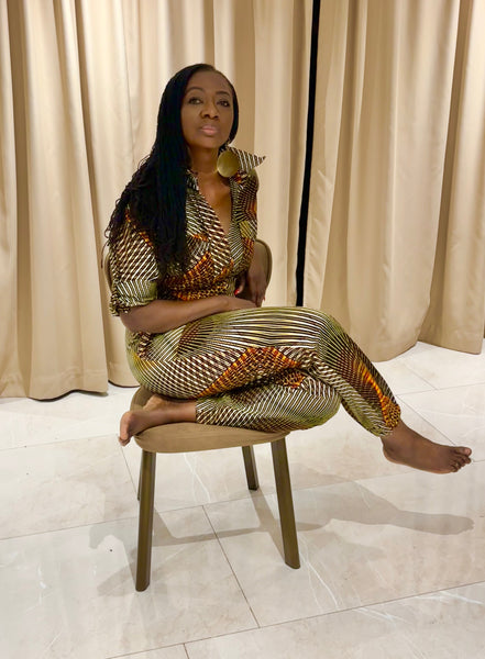 Razi jumpsuit in a geometric contemporary African print.