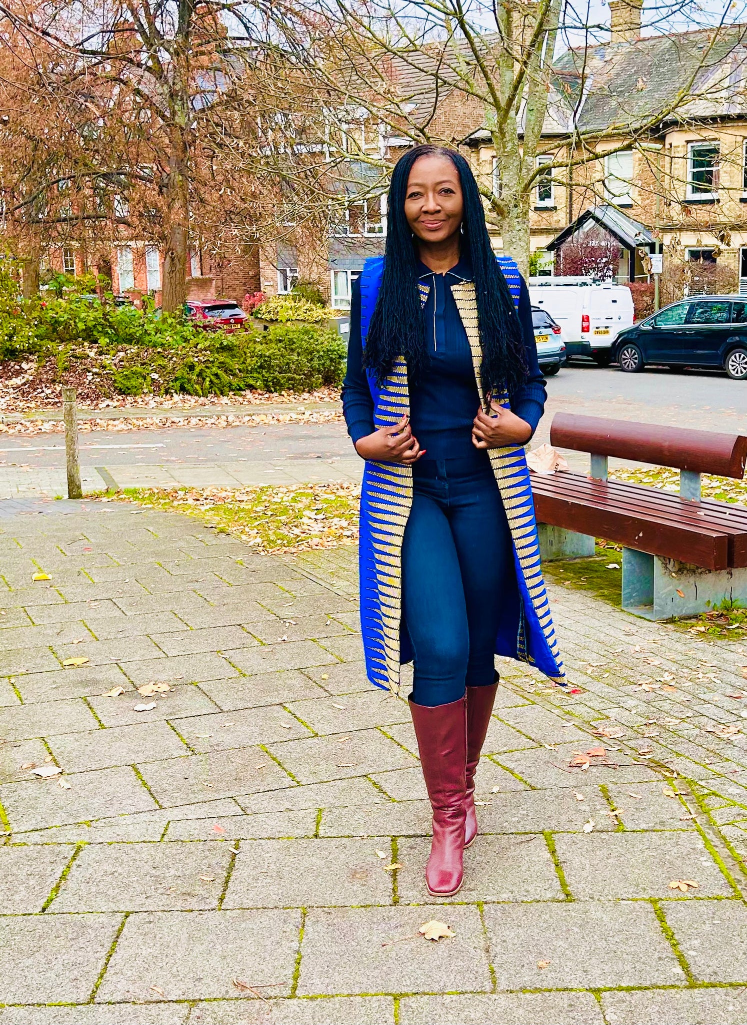 Nura longline waistcoat in A geometric African print.