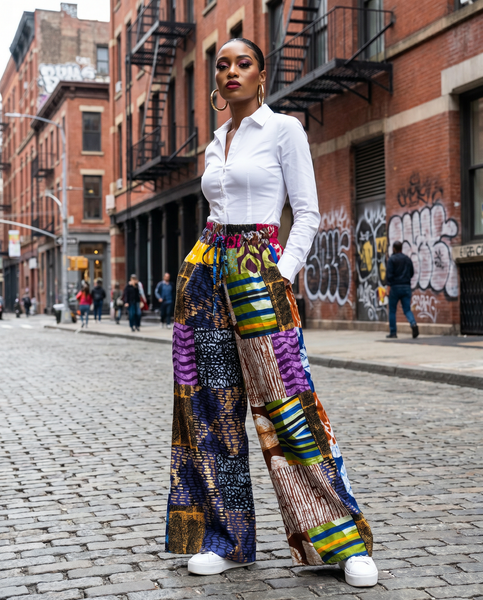New. Ndini Wide leg one of a kind patchwork African print trousers
