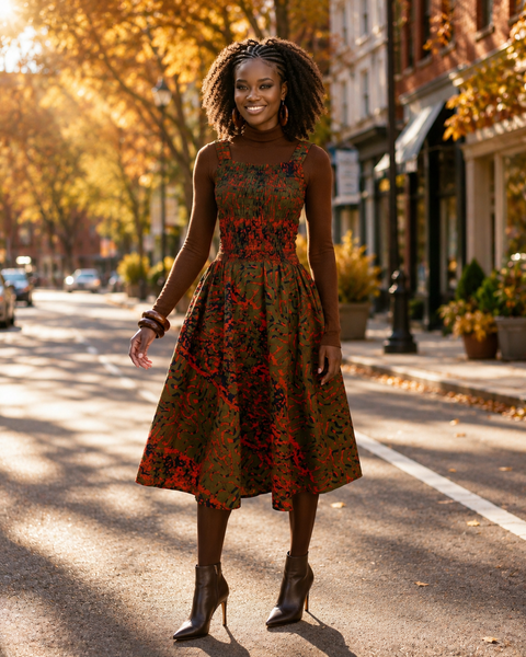 Yiko cut out dress in red and brown hues.
