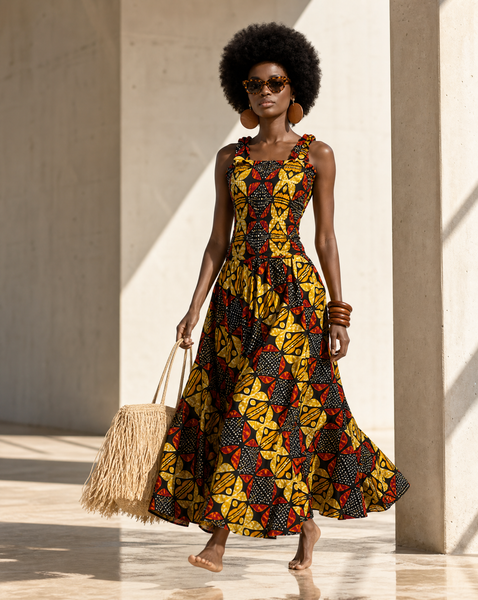 Fit and flare maxi dress in a vibrant contemporary African print.